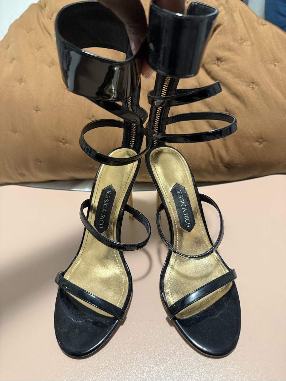 Jessica Black Patent Multi-Strap Heeled Sandals with Gold Insole